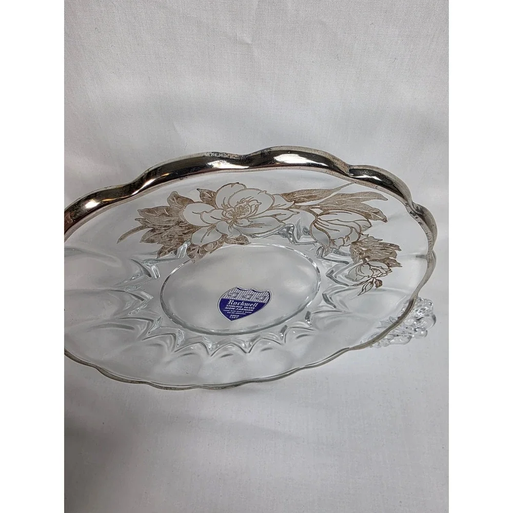 Rockwell Sterling‎ Silver Non-Tarnish 8 Inch Glass Plate Floral Design Handles